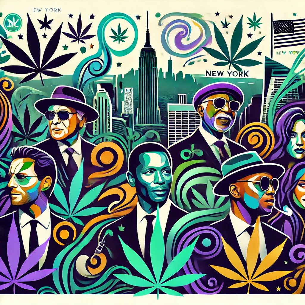 artistic illustration of celebrities who use cannabis with NYC background
