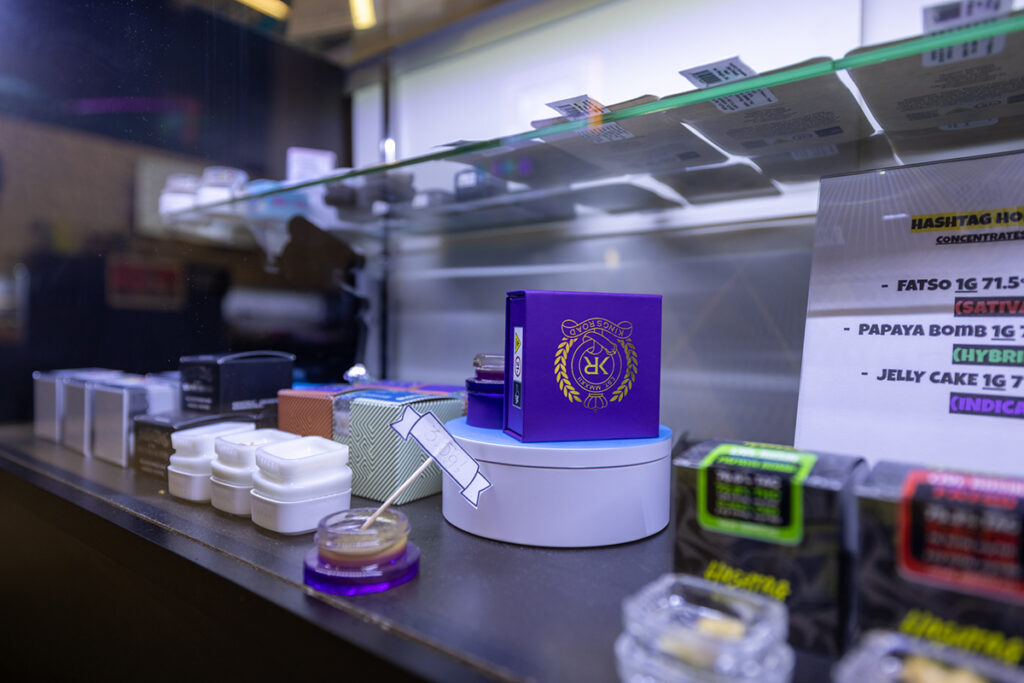 A cannabis product display at the Liberty Buds store