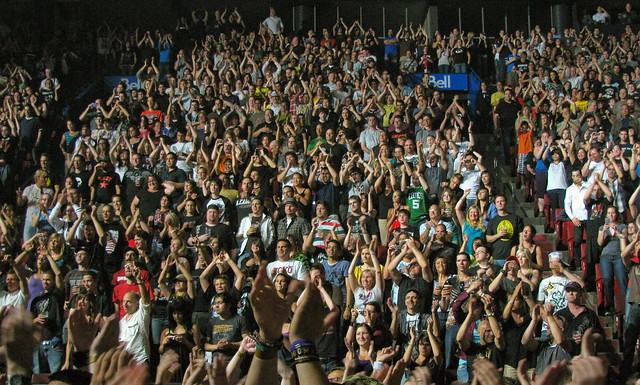 A crowd listening to live music.