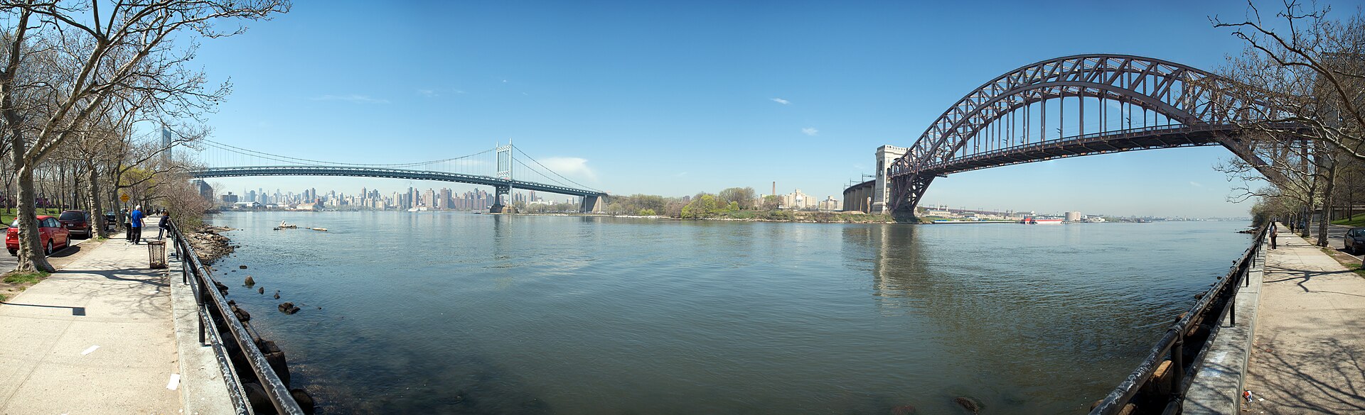 Panoramic view from Astoria Park across the East River, with the Hell Gate Bridge on the right and the Robert F. Kennedy Bridge in the distance
