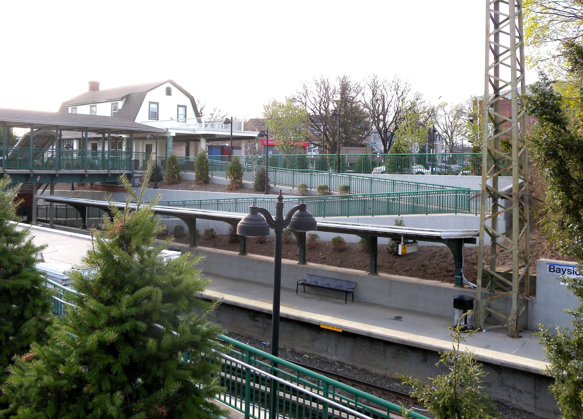 Bayside LIRR station from above the eastbound staircase in Bayside, Queens