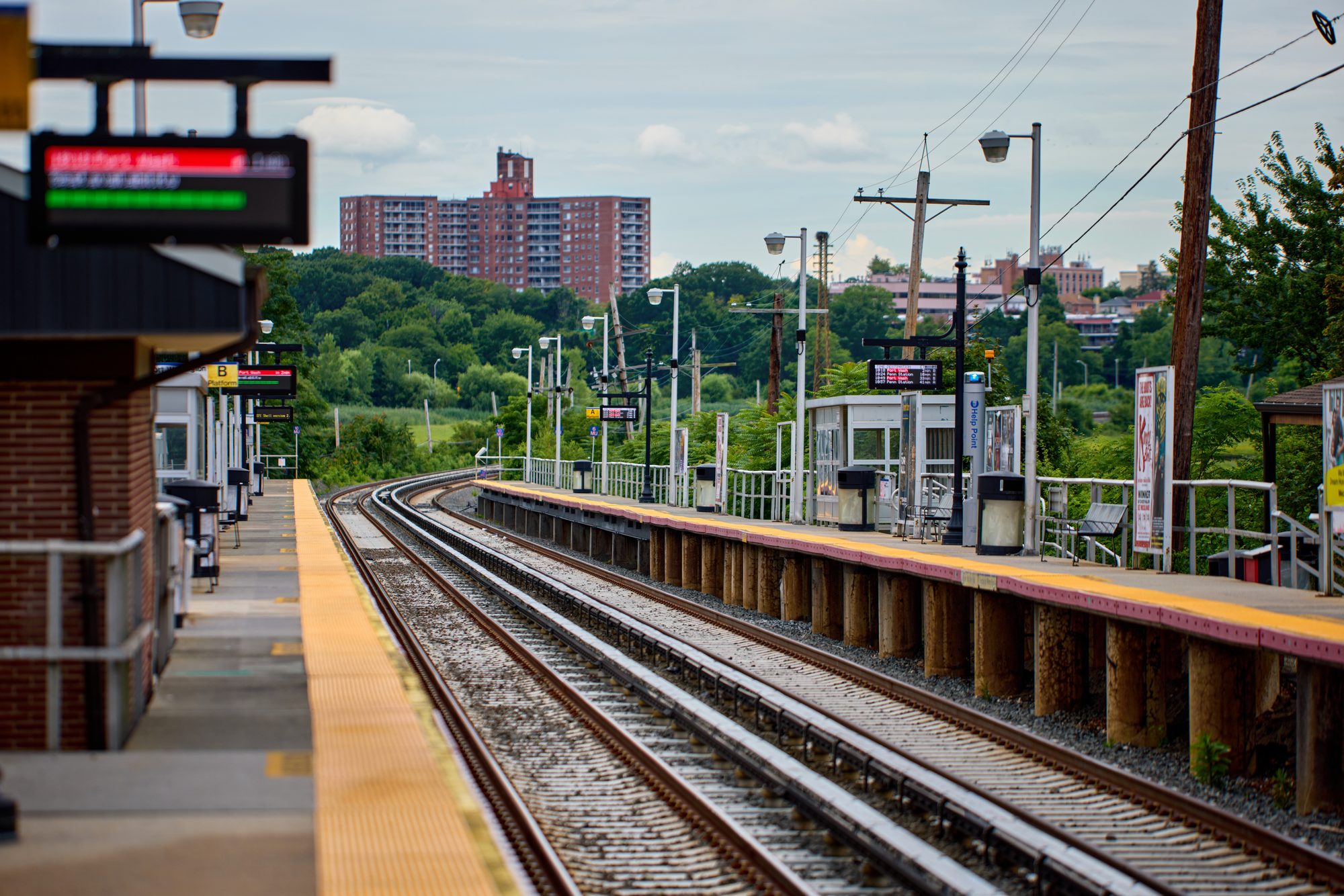 Douglaston LIRR station platform and tracks in Douglaston, Queens