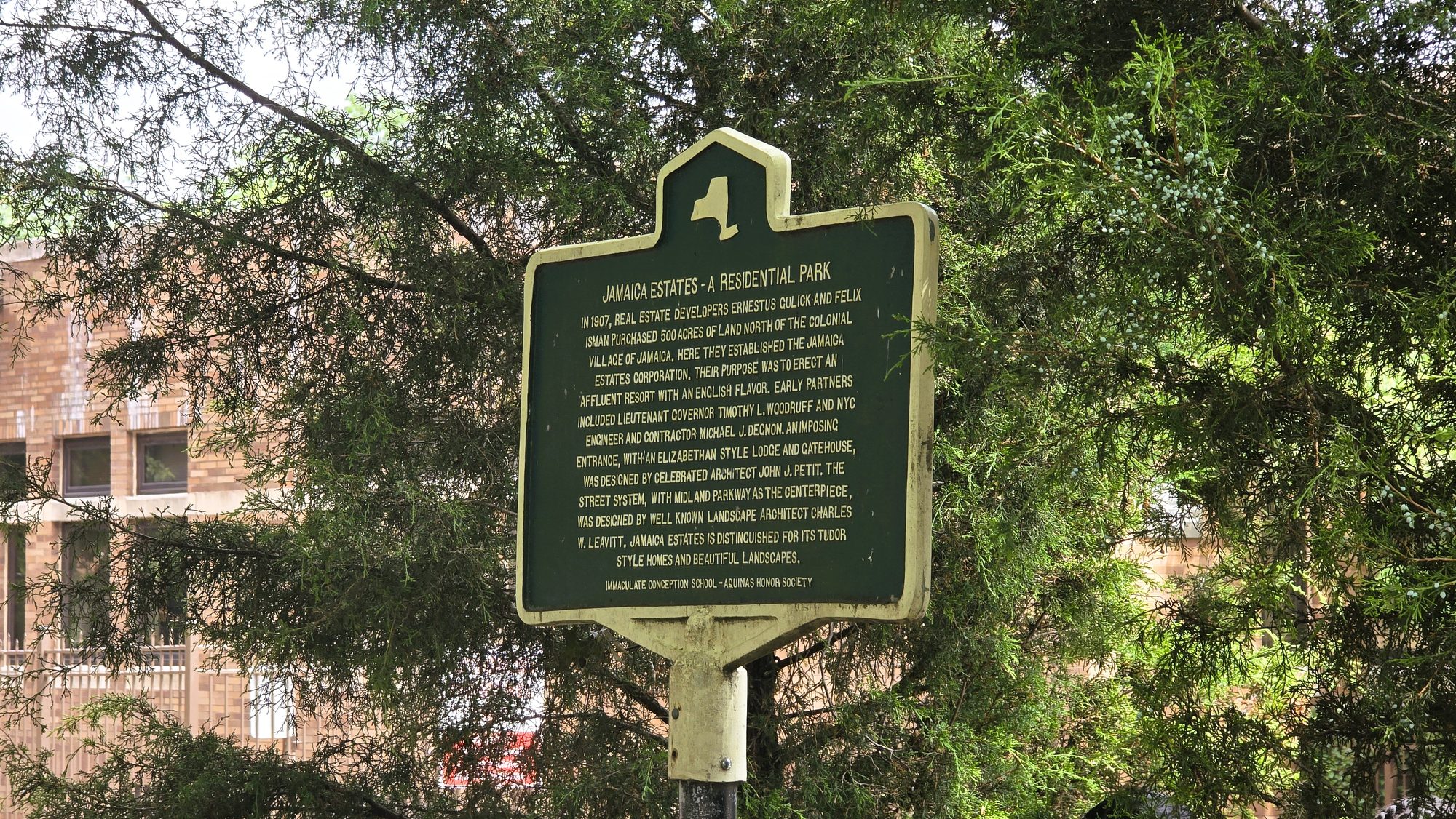 The Jamaica Estates historic marker on the Midland Mall in Jamaica Estates, Queens.