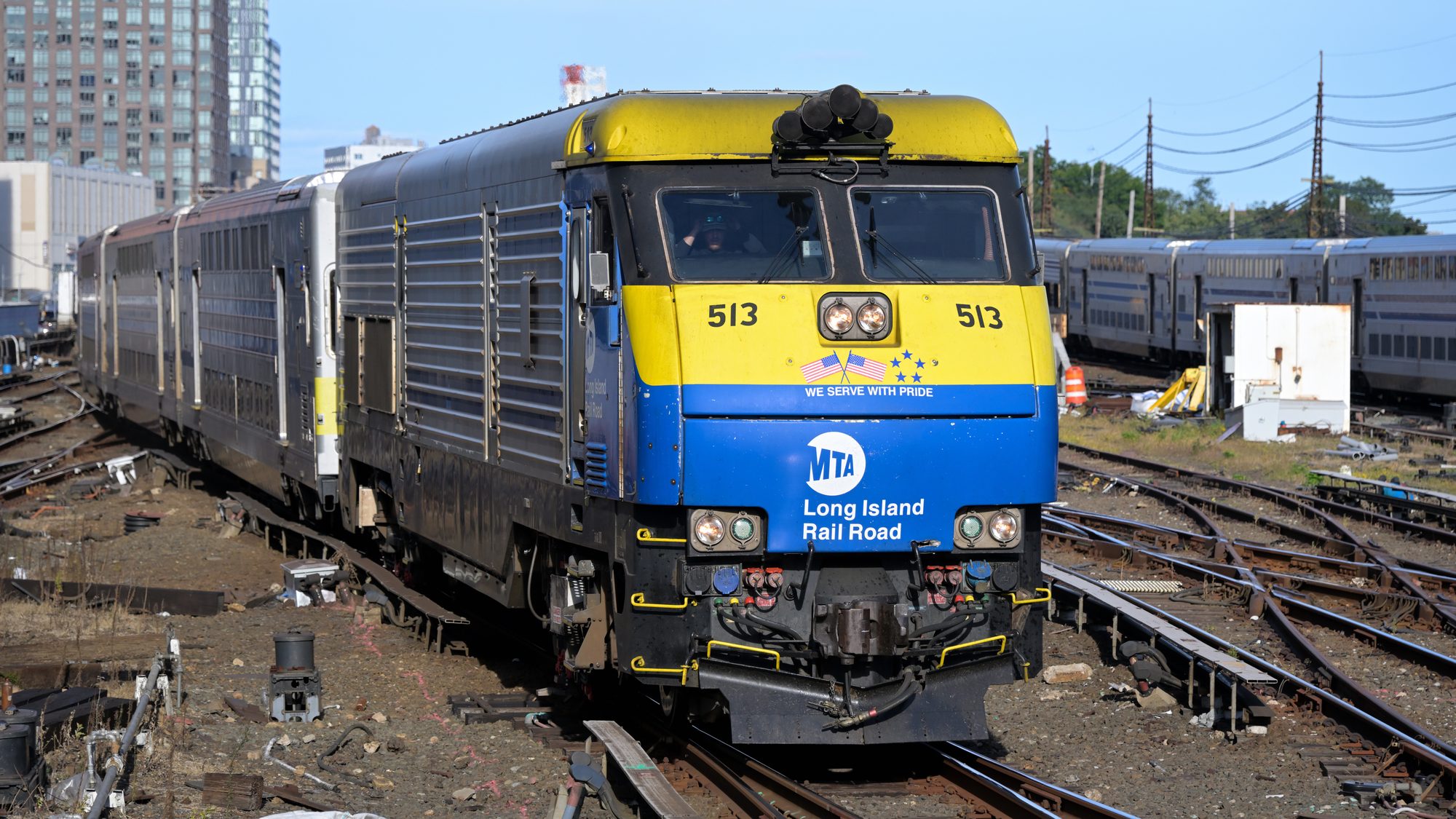 A Long Island Rail Road locomotive approaching Jamaica station in Jamaica, Queens.