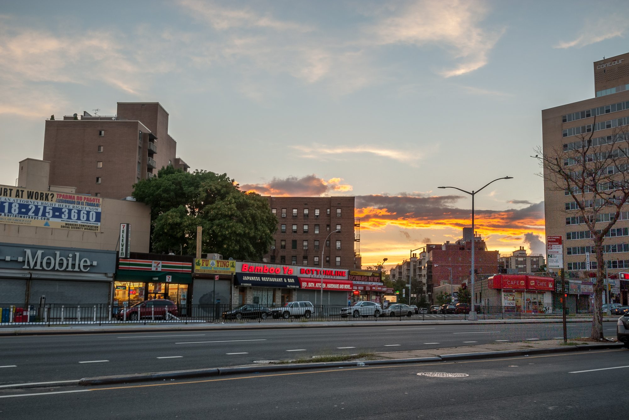 Storefronts and commercial buildings along Queens Boulevard in Rego Park, Queens.
