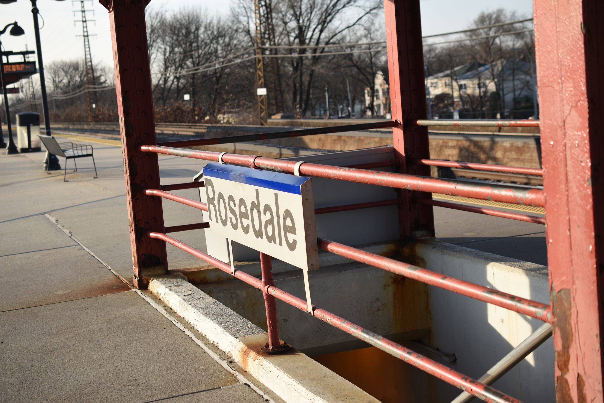 The Rosedale Long Island Rail Road station sign in Rosedale, Queens.